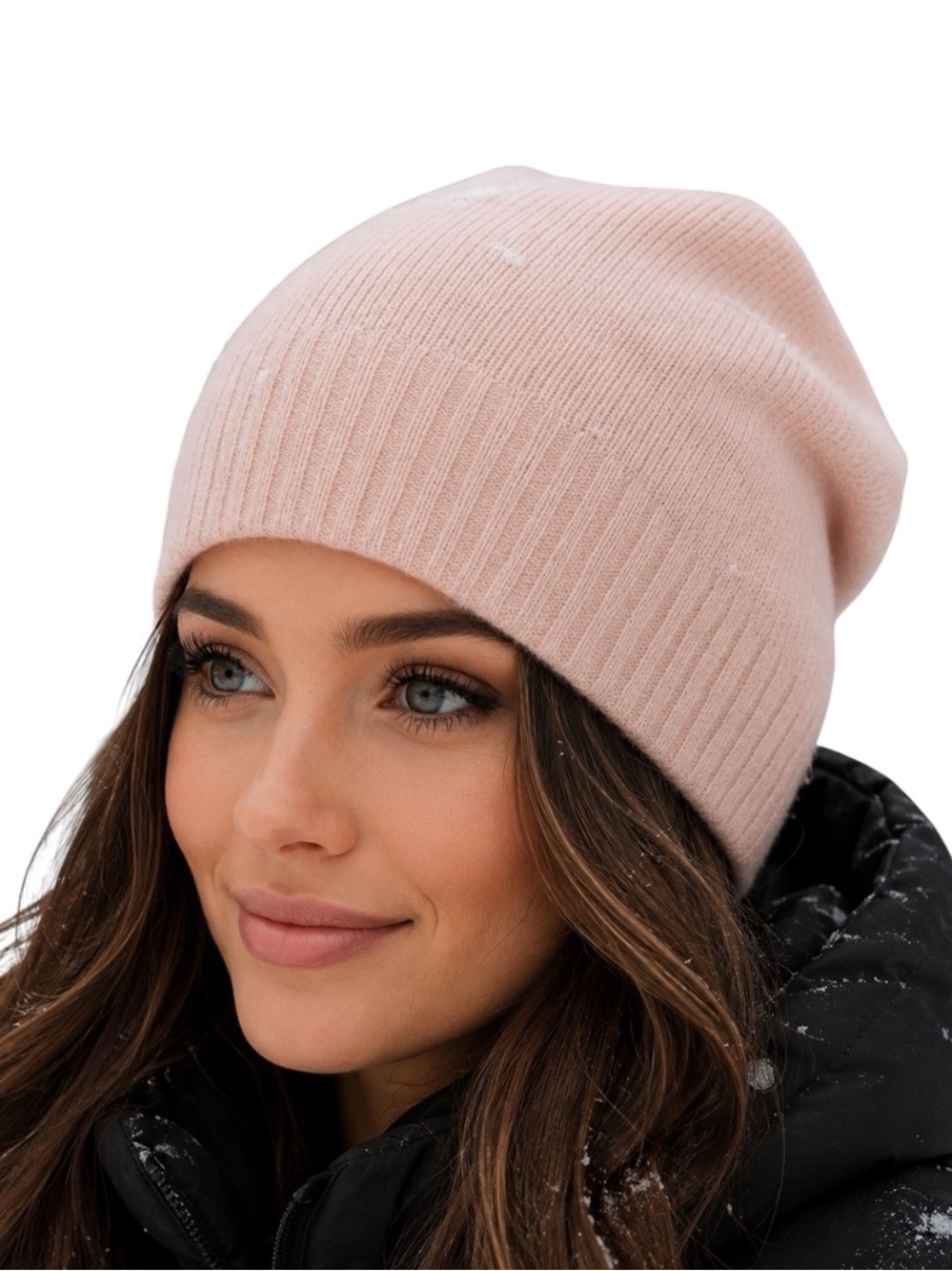 Nordstrom 100% Cashmere Ribbed Slouchy Beanie Hat Blush Pink One Size NWOT